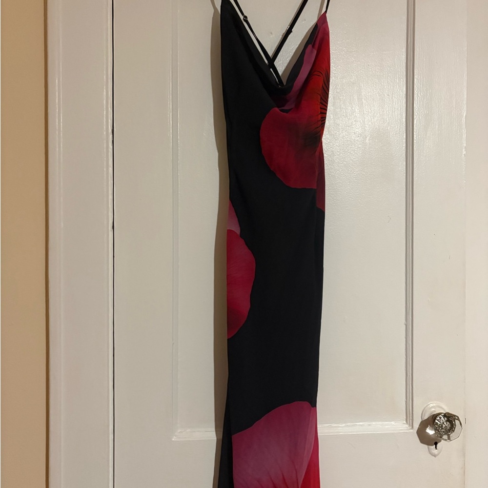 RUNAWAY the label low cut back Black and Pink Floral Dress maxi